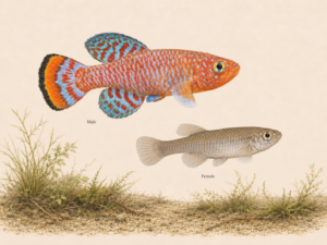 Natural-history-style illustration of the Bluefin Notho (Nothobranchius rachovii).