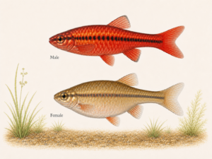 Natural-history-style illustration of the Cherry Barb (Puntius titteya).