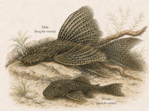 Natural-history-style illustration of the Bristlenose Pleco (Ancistrus cirrhosus).