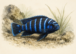 Natural-history-style illustration of the Demasoni Cichlid (Pseudotropheus demasoni).