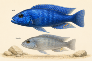 Natural-history-style illustration of the Electric Blue Hap (Sciaenochromis fryeri).