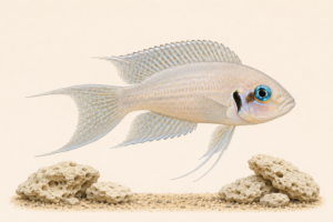 Natural-history-style illustration of the Fairy Cichlid (Neolamprologus brichardi).