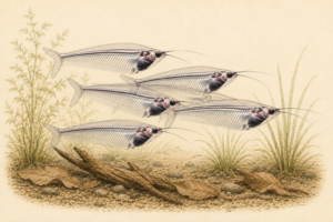 Natural-history-style illustration of the Glass Catfish (Kryptopterus vitreolus).