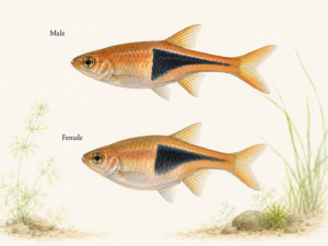 Natural-history-style illustration of the Harlequin Rasbora (Trigonostigma heteromorpha).