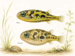 Natural-history-style illustration of the Pea Puffer (Carinotetraodon travancoricus).