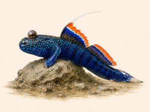 Natural-history-style illustration of the Rainbow Mudskipper (Periophthalmodon septemradiatus).