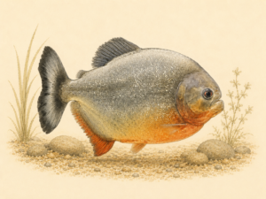 Natural-history-style illustration of the Red Bellied Piranha (Pygocentrus nattereri).