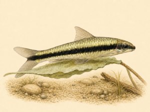 Natural-history-style illustration of the Siamese Algae Eater (Crossocheilus oblongus).
