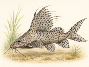 Natural-history-style illustration of the Featherfin Squeaker Catfish (Synodontis eupterus).