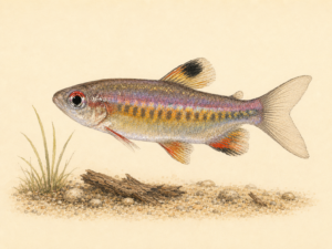 Natural-history-style illustration of the African Red Eye Tetra (Arnoldichthys spilopterus).