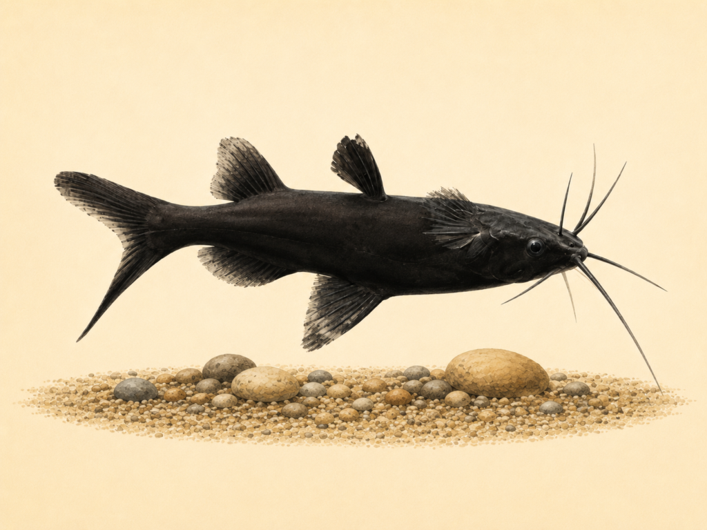 Natural-history-style illustration of the Asian Upside-Down Catfish (Mystus leucophasis).