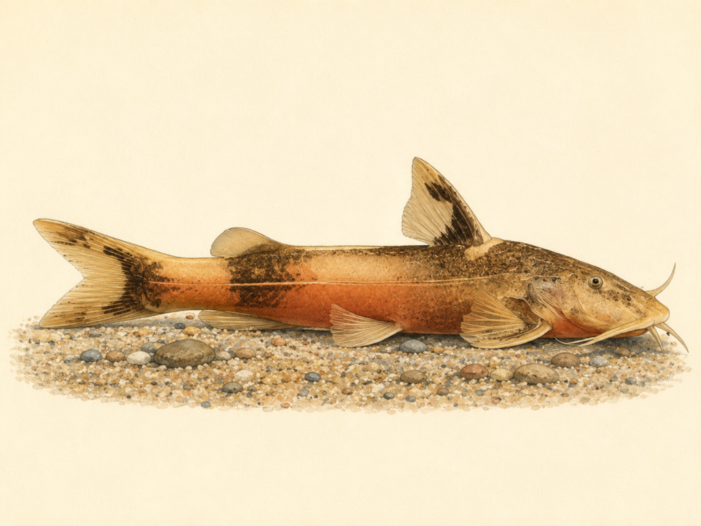 Natural-history-style illustration of the Banded Sisorid Catfish (Glyptothorax buchanani).