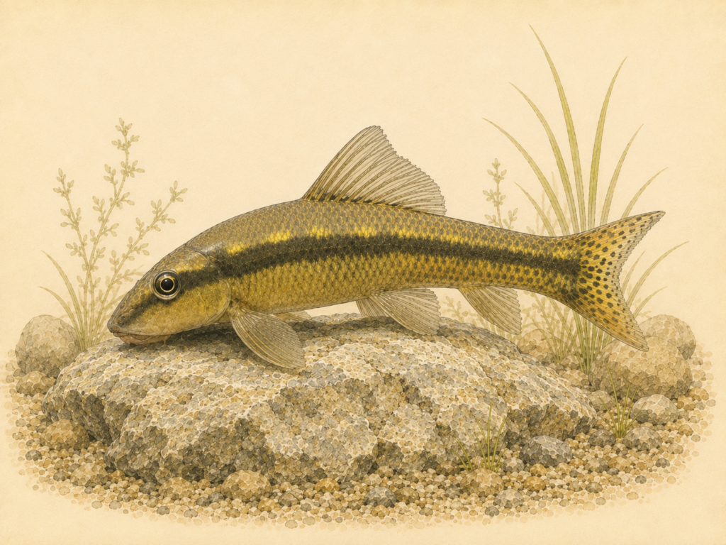 Natural-history-style illustration of the Chinese Algae Eater (Gyrinocheilus aymonieri).