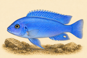 Natural-history-style illustration of the Cobalt Blue Zebra Cichlid (Maylandia callainos).