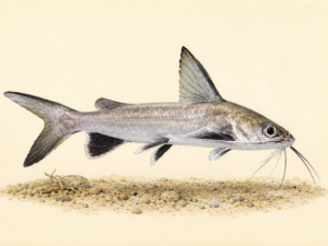 Natural-history-style illustration of the Colombian Shark Catfish (Ariopsis seemanni).