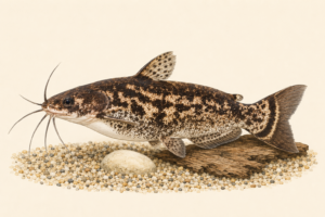 Natural-history-style illustration of the Colombian Wood Catfish (Trachelyopterus fisheri).