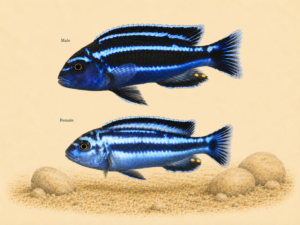 Natural-history-style illustration of the Electric Blue Maingano Cichlid (Melanochromis cyaneorhabdos).