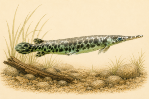Natural-history-style illustration of the Florida Gar (Lepisosteus platyrhincus).