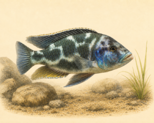Natural-history-style illustration of the Livingston’s Cichlid (Nimbochromis livingstonii).