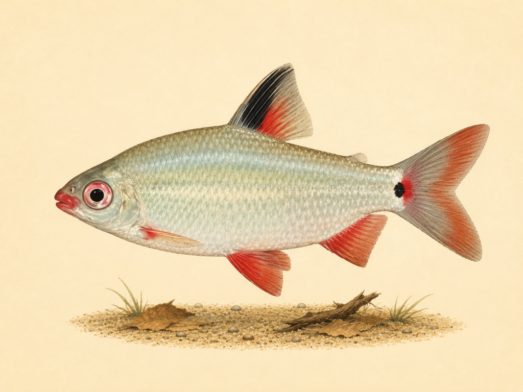 Natural-history-style illustration of the Watermelon Distichodus (Distichodus sp. “Red & Black” (undescribed/undetermined)).