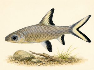 Natural-history-style illustration of the Bala Shark (Balantiocheilos melanopterus).