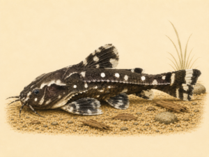 Natural-history-style illustration of the Spotted Raphael Catfish (Agamyxis pectinifrons).