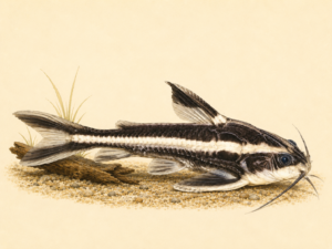 Natural-history-style illustration of the Striped Raphael Catfish (Platydoras armatulus).