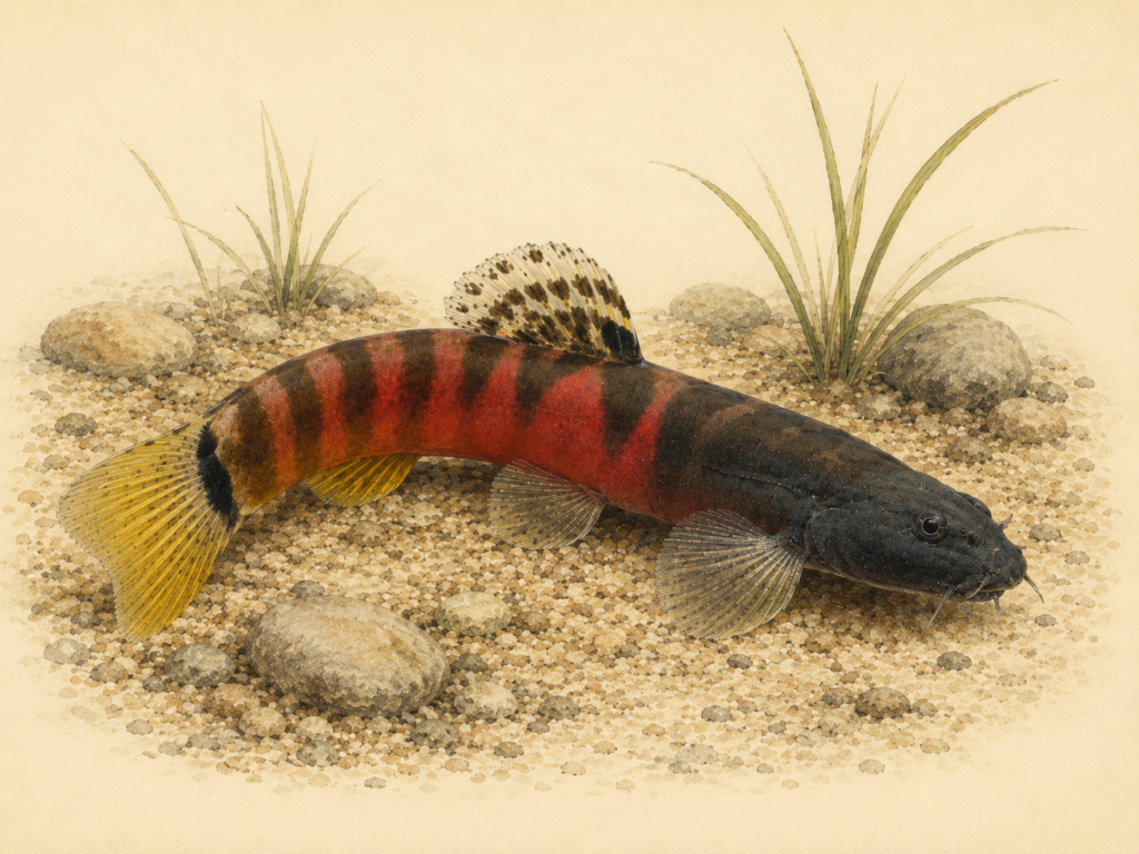 Natural-history-style illustration of the Crimson Loach (Schistura sp. “crimson”).