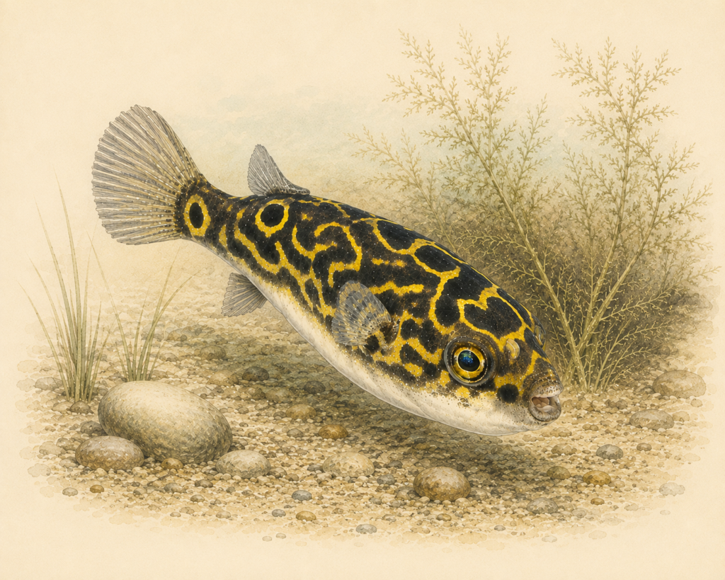 Natural-history-style illustration of the Figure 8 Puffer (Dichotomyctere ocellatus).