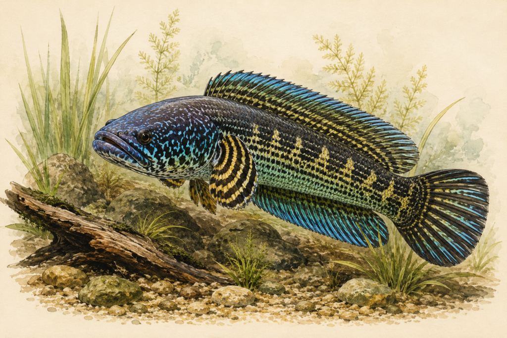 Natural-history-style illustration of the Golden Cobra Snakehead (Channa aurantimaculata).