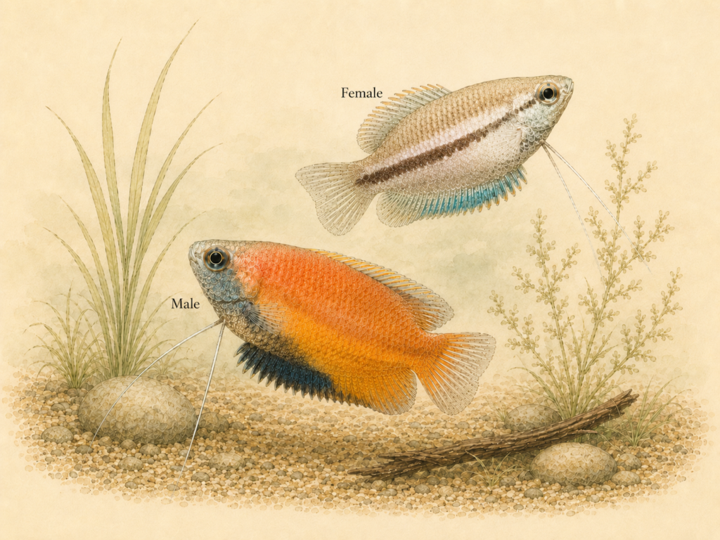 Natural-history-style illustration of the Honey Gourami (Trichogaster chuna).