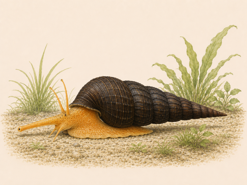 Natural-history-style illustration of the Orange Rabbit Snail (Tylomelania gemmifera).