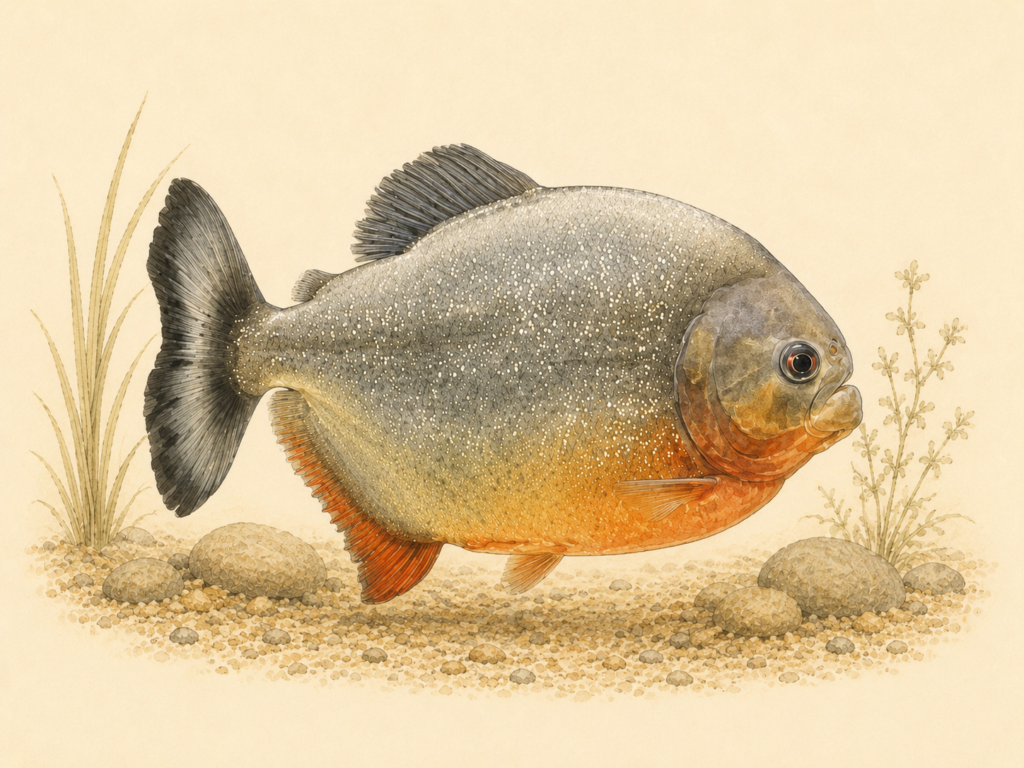 Natural-history-style illustration of the Red Bellied Piranha (Pygocentrus nattereri).