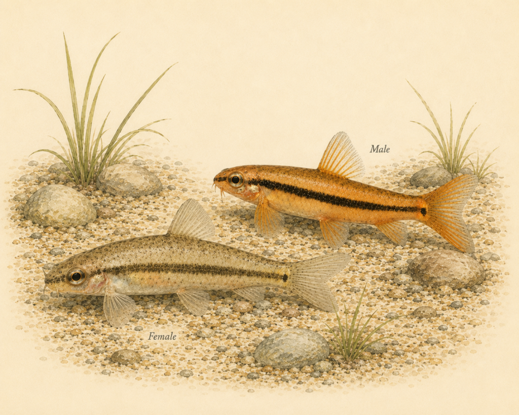 Natural-history-style illustration of the Rosy Loach (Physoschistura mango (formerly Petruichthys sp. ‘rosy’)).