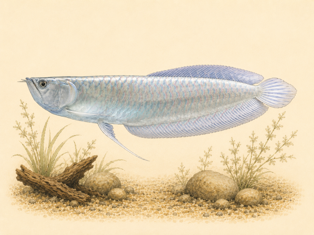 Natural-history-style illustration of the Silver Arowana (Osteoglossum bicirrhosum).