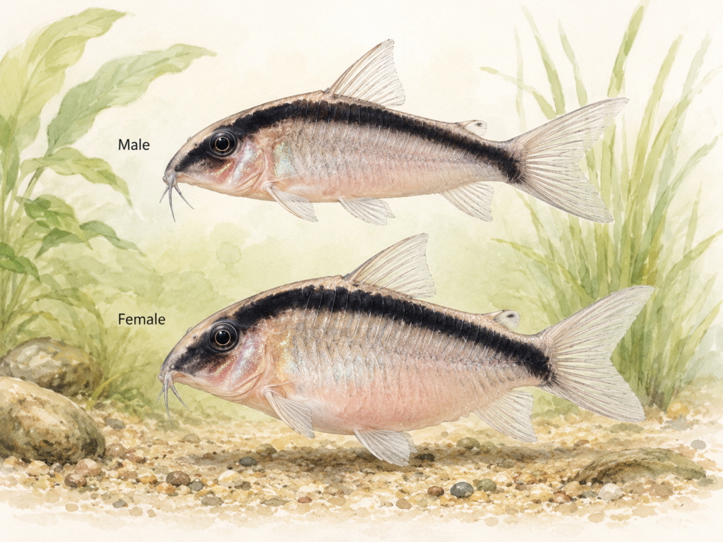 Natural-history-style illustration of the Skunk Corydoras (Hoplisoma granti (previously Corydoras arcuatus)).
