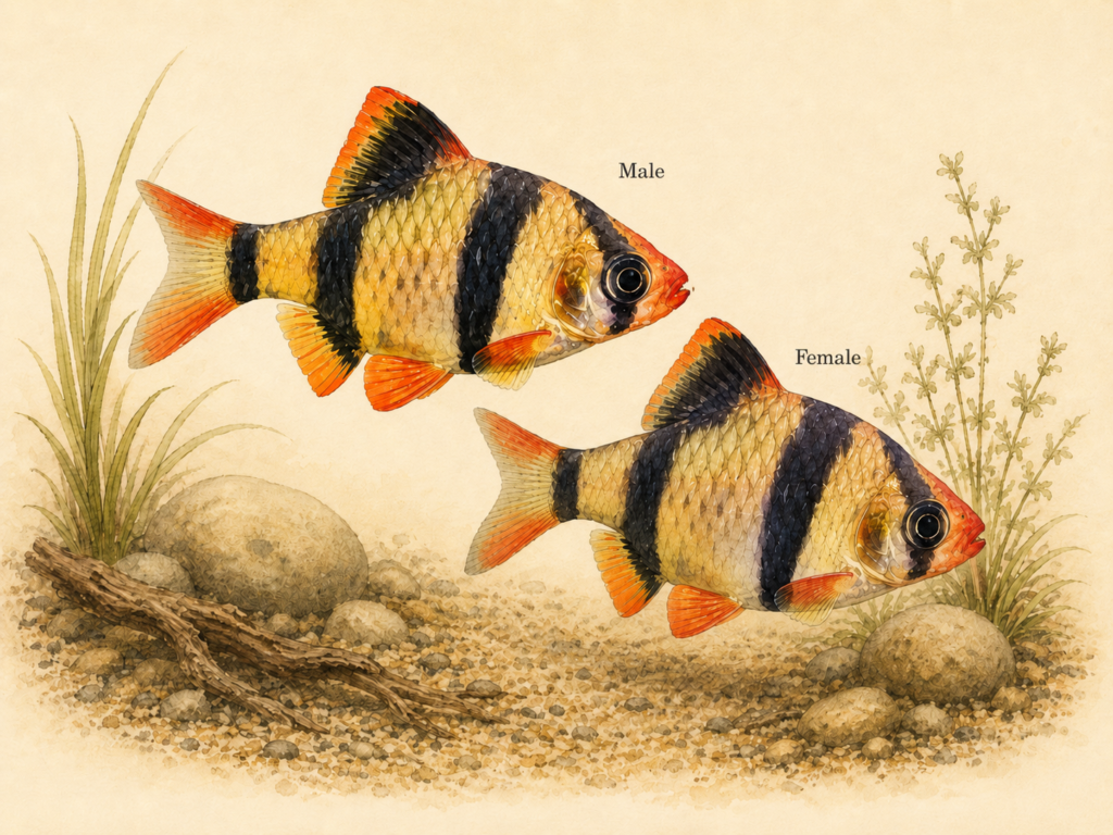 Natural-history-style illustration of the Tiger Barb (Puntigrus tetrazona).