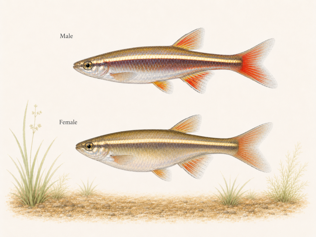 Natural-history-style illustration of the White Cloud Mountain Minnow (Tanichthys albonubes).