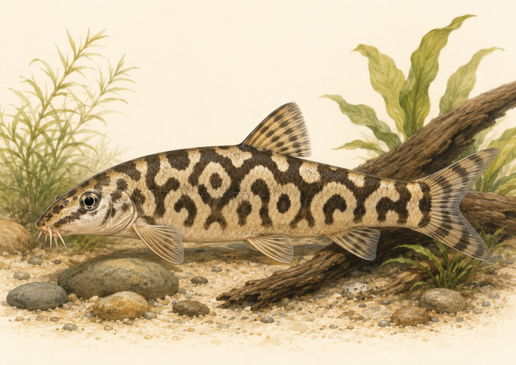 Natural-history-style illustration of the YoYo Loach (Botia almorhae).