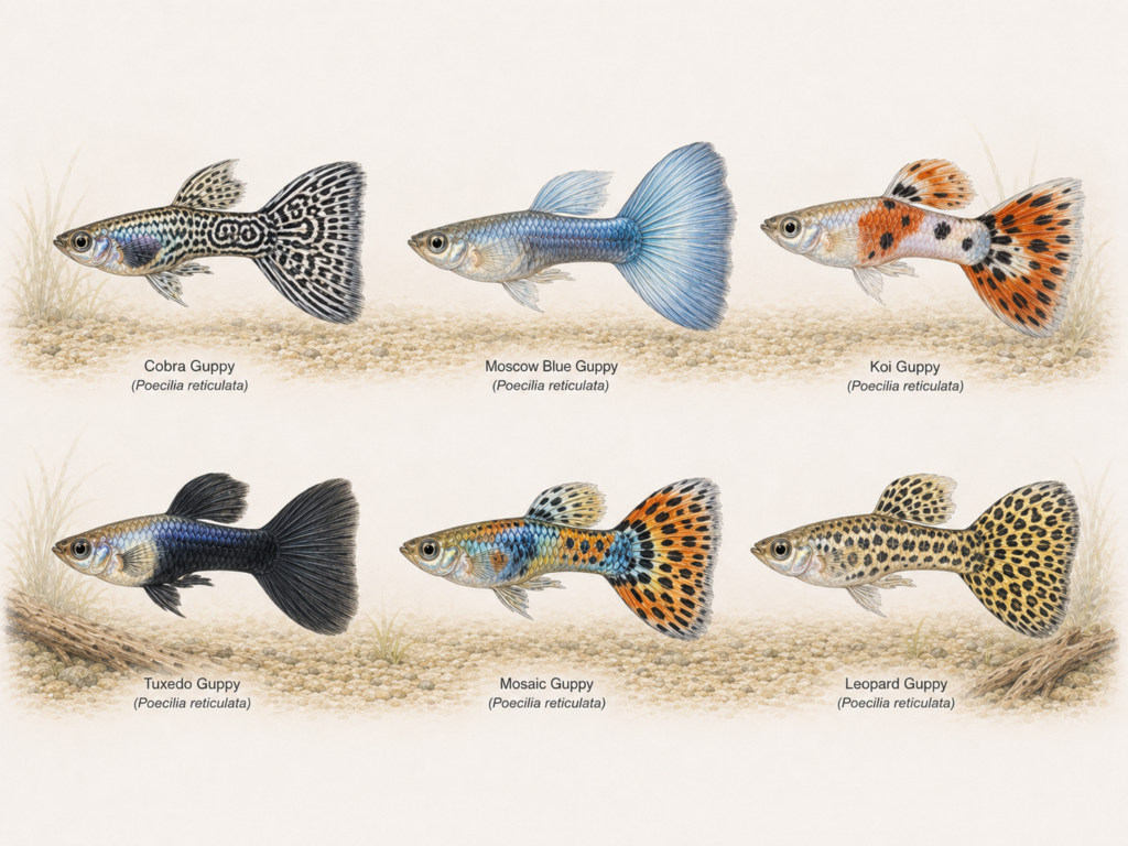 Natural-history-style illustration of the Guppy (Poecilia reticulata).
