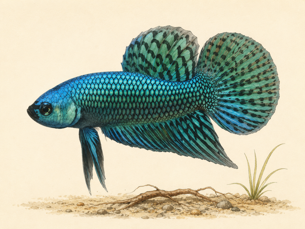 Natural-history-style illustration of the Alien Betta (Betta splendens hybrid (interspecies)).