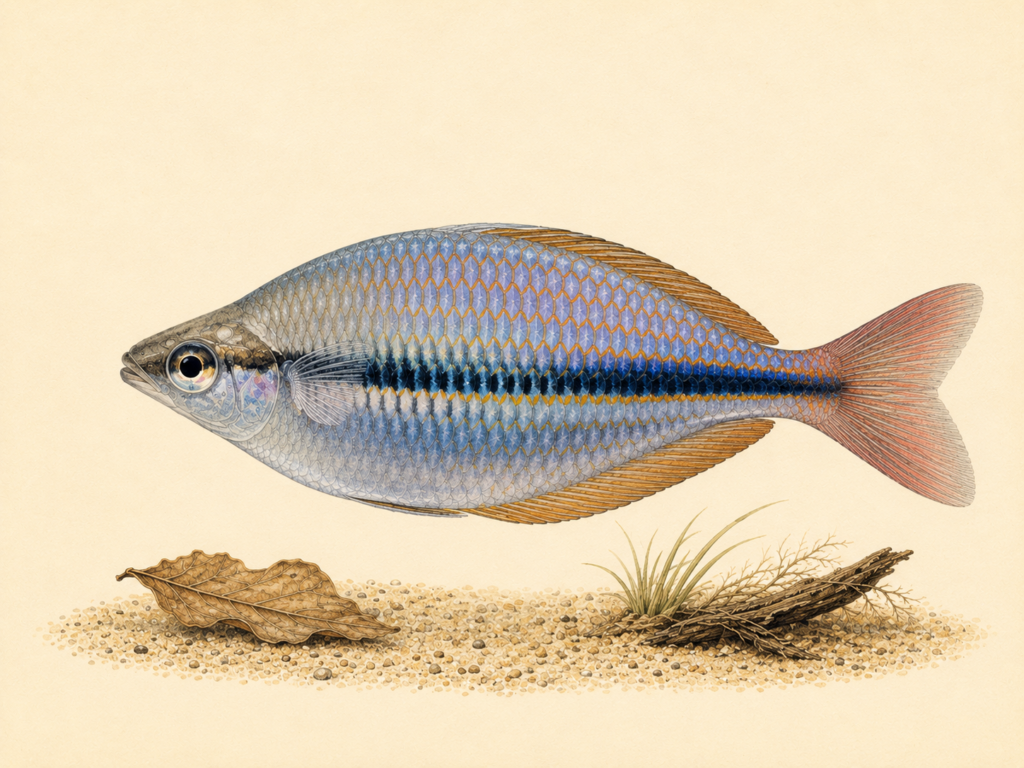 Natural-history-style illustration of the Aru Rainbowfish (Melanotaenia picta).