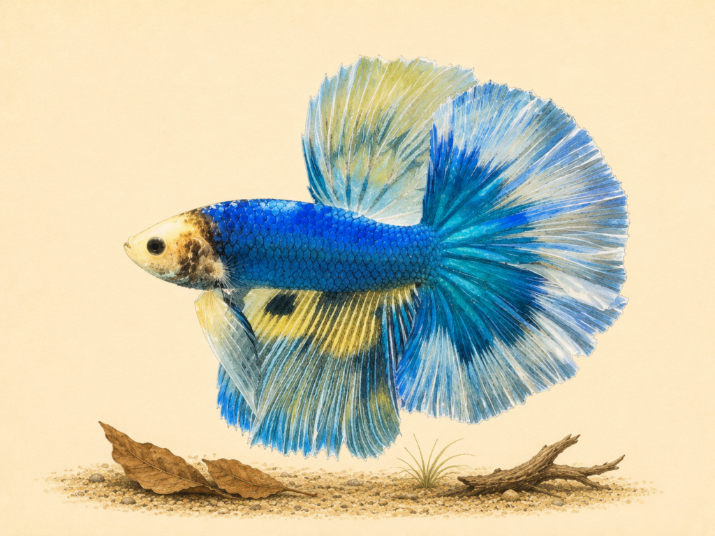 Natural-history-style illustration of the Delta / Super Delta Betta (Betta splendens var. Delta / Super Delta).