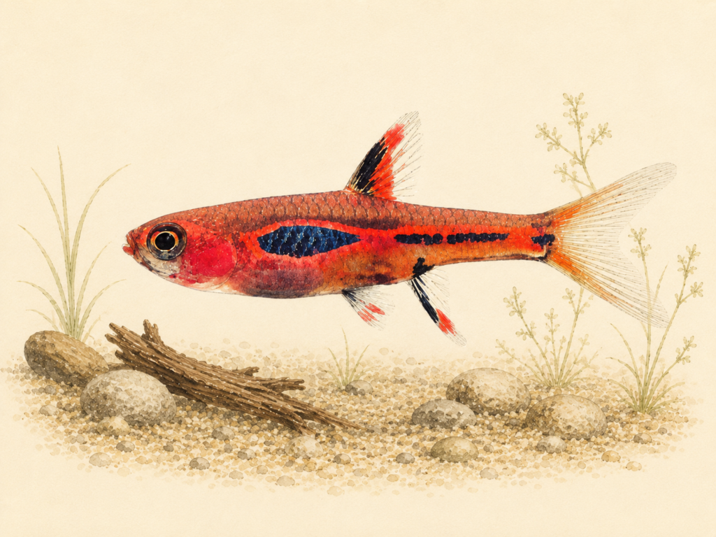 Natural-history-style illustration of the Chili Rasbora (Boraras brigittae).