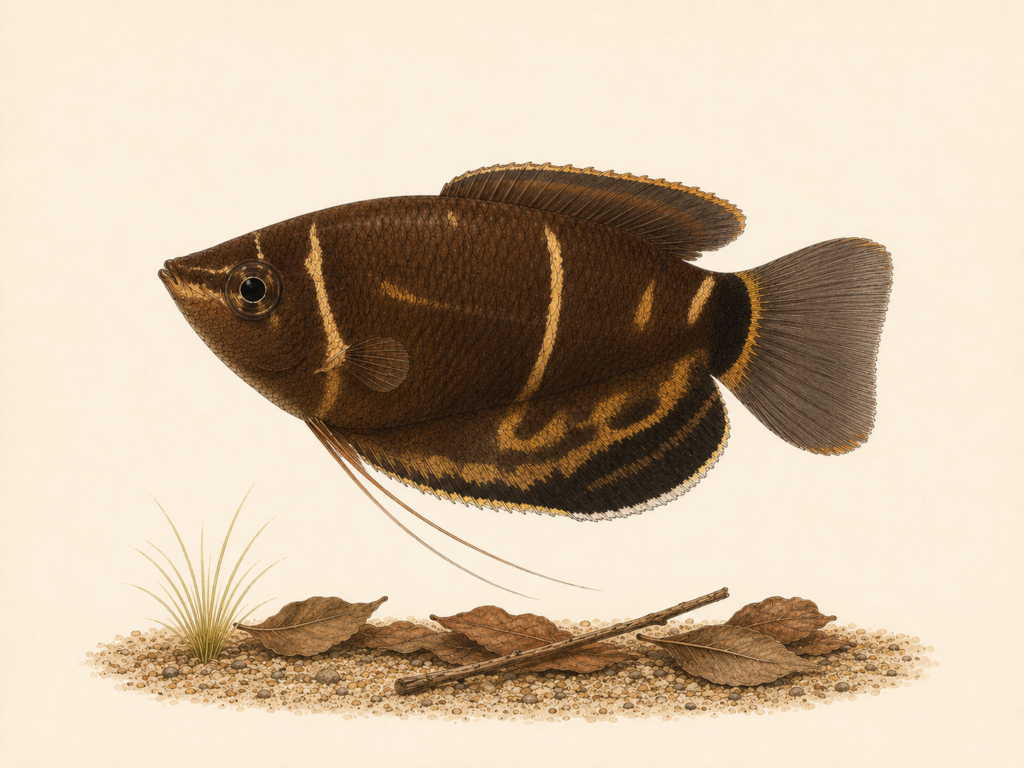 Natural-history-style illustration of the Chocolate Gourami (Sphaerichthys osphromenoides).