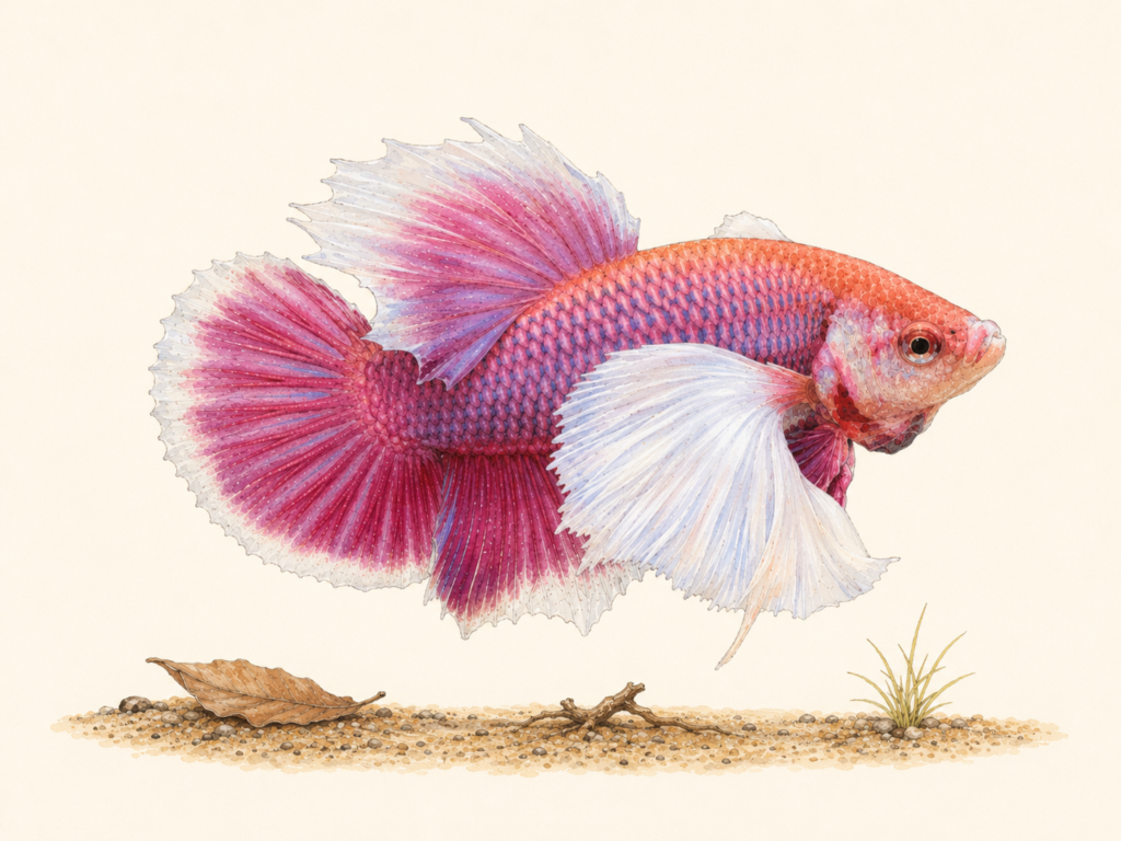 Natural-history-style illustration of the Dumbo Ear Betta (Betta splendens var. Dumbo Ear).