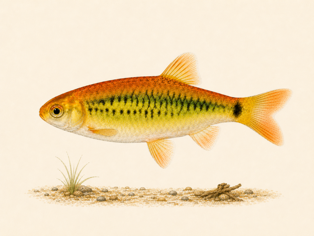 Natural-history-style illustration of the Gold Barb (Barbodes semifasciolatus).