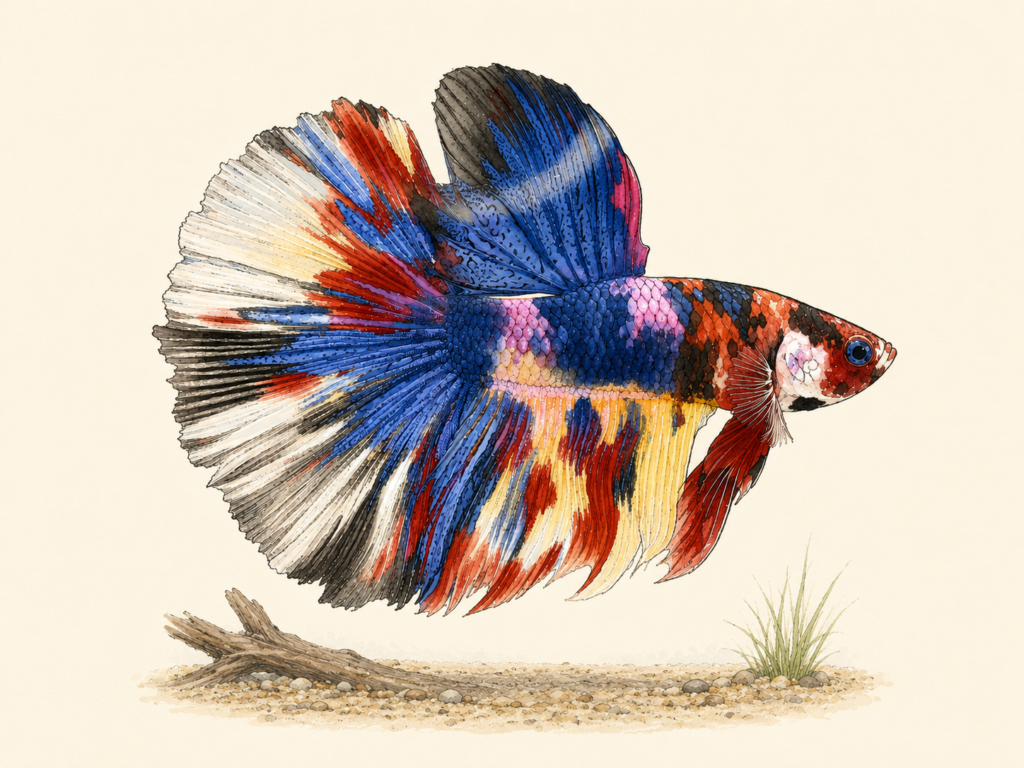 Natural-history-style illustration of the Halfmoon Betta (Betta splendens var. Halfmoon).