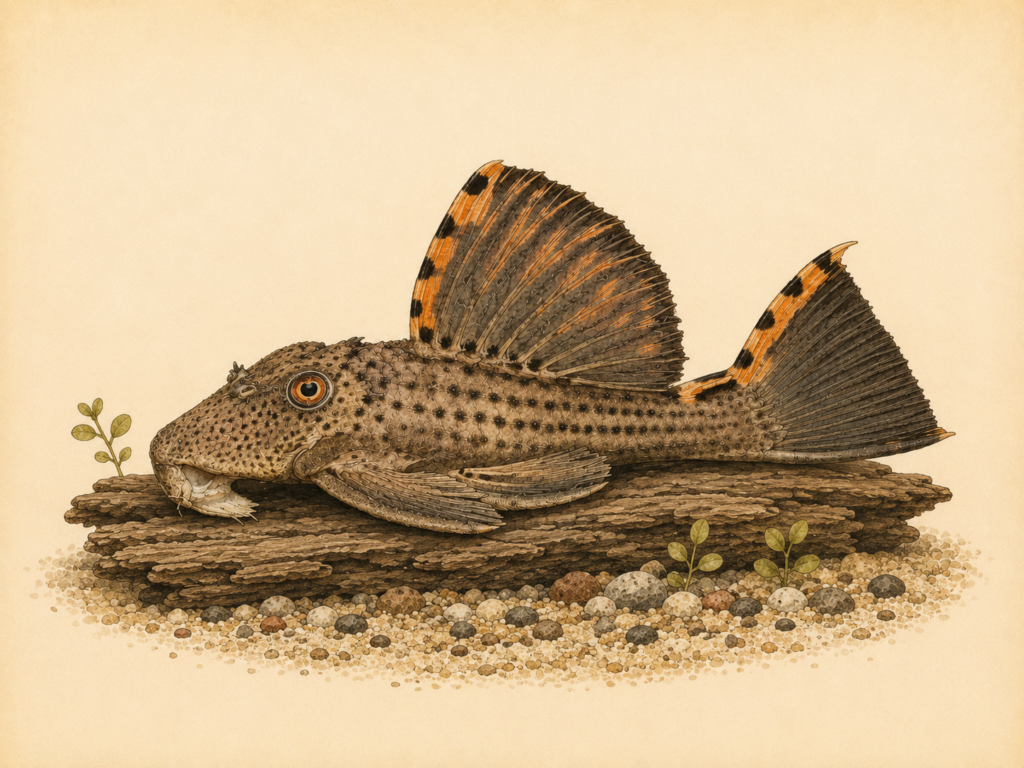 Natural-history-style illustration of the L091 Three Beacon Pleco (Leporacanthicus triactis).