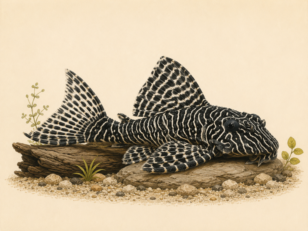 Natural-history-style illustration of the L260 Queen Arabesque Pleco (Hypancistrus sp. (L260)).
